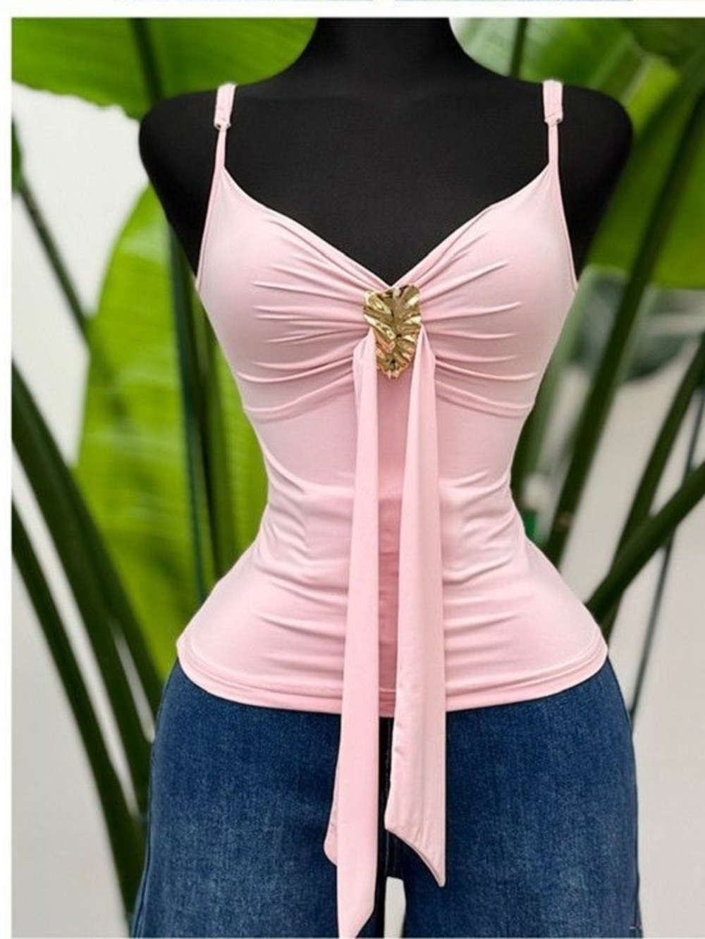 Sleek Pink Tie-Front Camisole with Gold Detail